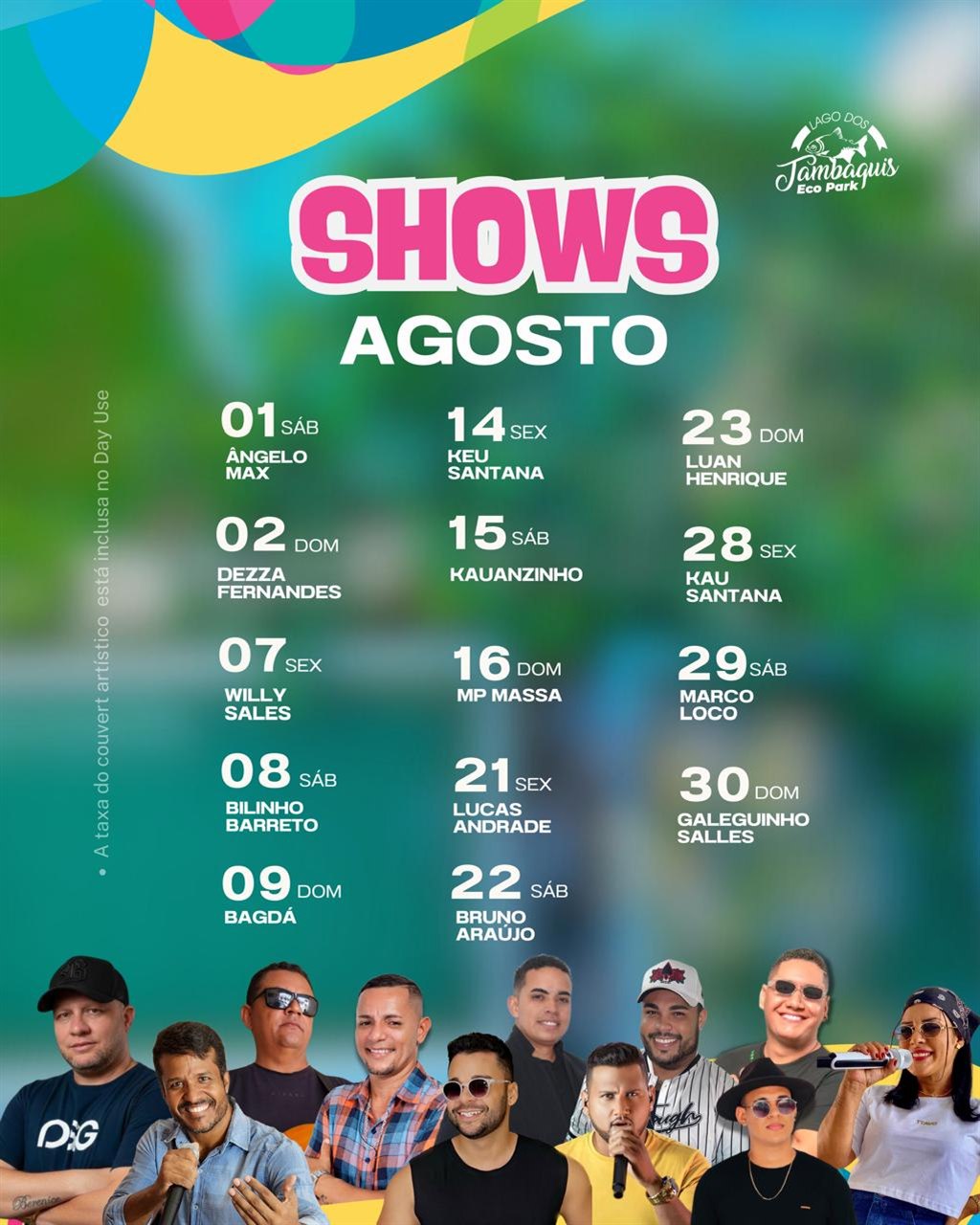 Programação de shows de agosto do Lago dos Tambaquis Eco Park
